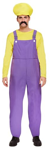 HENBRANDT Déguisement pour homme adulte de plombier méchant jaune XL Retro 1980s Jeu vidéo Jaune + Purple Combinaison Moustache Brothers Tenue de déguisement de travail Taille unique Extra Large