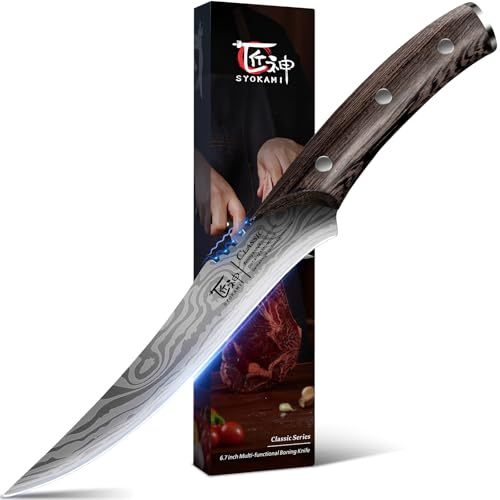SYOKAMI Boning Knife for Meat Cutting, 6.7 Inch Fillet Knife with Wood Handle, High Carbon Razor Sharp Flexible Blade for Deboning, Trimming, Damascus Pattern Full Tang Design, House Warming Gifts