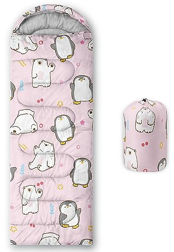 QOOMO Rosa niedlicher Eisbär-Pinguin-bedruckter Camping-Schlafsack, 3-Jahreszeiten-Wetter, leicht, wasserdicht, für Erwachsene und Kinder, Reisen und Outdoor, Campingausrüstung, 78,7 x 228,6 cm