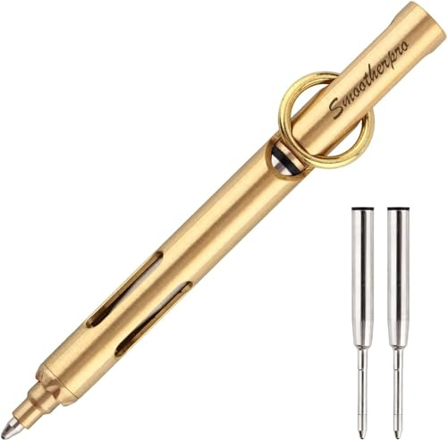 SMOOTHERPRO Mini Kugelschreiber aus Messing Tragbar Taschenformat Natur | Massiv Metallstift, Bolt Action Stift, Druckkugelschreiber, mit Schlüsselanhänger, Für Unterschrift, Büro, Schule, Business