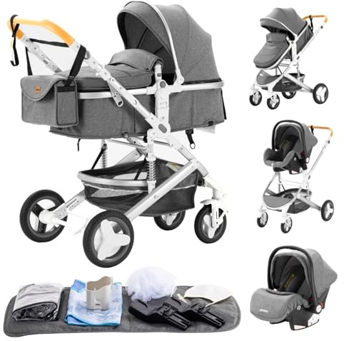 YAZOCO kinderwagen 3 in 1 Zusammenklappbar kinderwagen Komplettset Becherhalter, Moskitonetz, Fußabdeckung Für Baby Erstausstattung Neugeborene (2 grau)