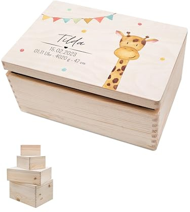 wunderwunsch® - Personalisierte Erinnerungsbox Baby mit Spezial-Druck - Baby Erinnerungsbox - Erinnerungskiste aus Holz - Geschenk zur Geburt (Giraffe, S | 30 x 20 x 14 cm)