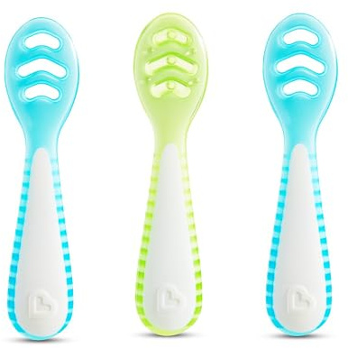 Munchkin Gentle Dip Cucchiaini multi-stadio, Cucchiaini ergonomici per svezzamento, ottimo per bebé e bambini, Senza BPA, Blu e Verde, Confezione da 3