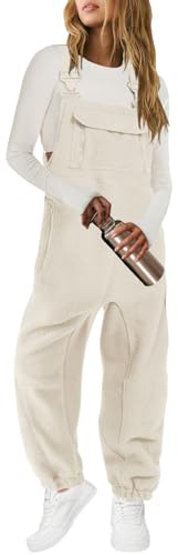 SENSERISE Tuta invernale da donna, in pile, con spalline regolabili, salopette con 4 tasche, Crema, Small