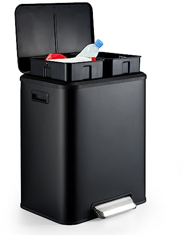 Takywep Cubo de basura de cocina de 8 galones, cubo de basura de reciclaje manos libres con doble forro extraíble, cubo de basura de acero inoxidable con doble escalón de cocina (4 + 4 para 8 galones