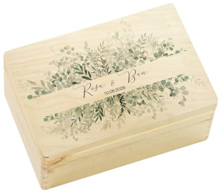 Manufaktur Liebevoll Erinnerungsbox Hochzeit Erinnerungskiste Geschenkbox Hochzeit Schatztruhe Hochzeitskiste für Brautpaar Holzkiste mit Gravur personalisiert Hochzeitsgeschenk (Eukalyptus, S)
