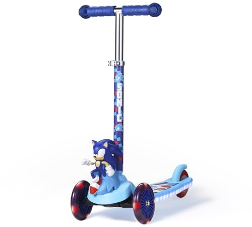 Sonic The Hedgehog 3D Kick Scooter for Kids, Self-Balancing 3 Wheeled Light Up Scooter with Extra Wide Anti-Slip Deck, Rear Brake, Lean to Steer, Lightweight Design, for Kids 3 and up, 75 LB Limit
