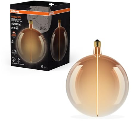 Osram Vintage 1906 Big Globe ist eine dimmbare, dekorative Lampe mit LED-Glüwendel-Magnet-Technologie. Sie bietet 4.8 W für 200 lm, E27 Fassung, Tea Brown Glas, 200 mm Durchmesser, CRI 80.