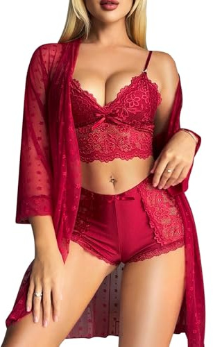 RSLOVE Sexiga damunderkläder set - spetsunderkläder babydoll dam natt 3 delar med 3-delad klänning med klänning, Rött vin, S