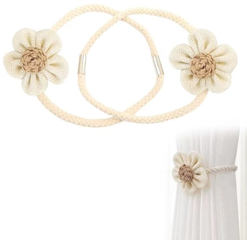 Magnetische Raffhalter, 2er Set Magnetische Vorhang Raffhalter,Magnetische Vorhang Raffhalter - Blumen Vorhanghalter für Boho Deko, Einfach und Elegant, Beige Seil, Haus Dekoration, Weiß