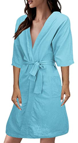 IQYU Robe de Chambre Femme en Lin et Coton - Légère - Manches Courtes - Pour l'été - Longue - Avec Poches - Pyjama - Peignoir - Grande Taille - Élégant