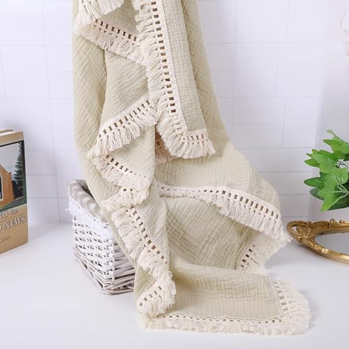 Blausky 1 Stück Musselin Babydecke,Decke Baby,Baumwolle Decke,Überwurf mit Fransen,Sofadecke,Schlafdecken,Musselin-Decke,Quaste Decken,Krabbeldecke,für Kleinkinder Mädchen Junge,Khaki,100cmx120cm