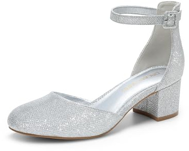 DREAM PAIRS Zapatos de tacón bajo con Punta Redonda Cerrada para Mujer, con Correa en el Tobillo y tacón Grueso, Ideales para Bodas, oficinas y Fiestas.,Size 38,Plata