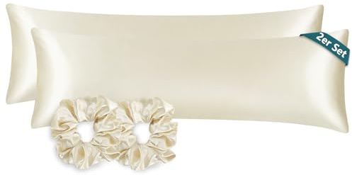 RUIKASI Seitenschläferkissen Bezug 40x145 Beige - Satin Kissenbezug 2er Set mit Reißverschluss wie Seidenkissenbezug mit 2 Haargummis，Kopfkissenbezug 145x40 für Seitenschläfer Kissen