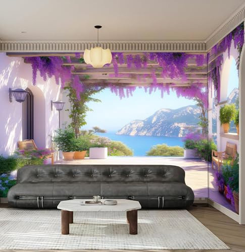 JEDTAKCT Fotomural Pared Corredor Wisteria Vista Al Mar| Fotomural Para Paredes | Mural | Foto Mural Decorativo | Varias Medidas 260X175Cm | Decoración Comedores, Salones, Habitaciones
