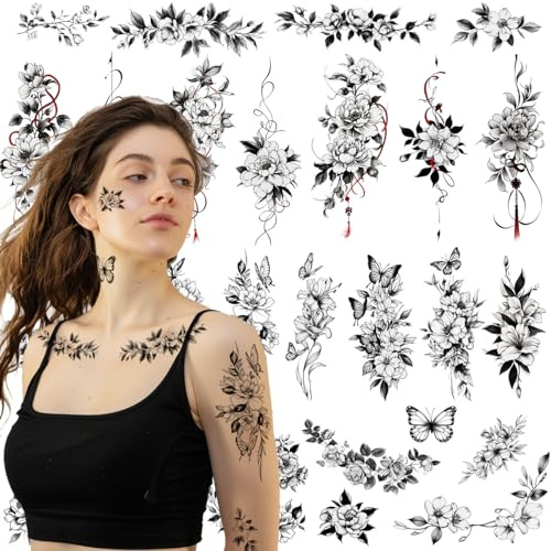 CHARLENT 28 Stück Große Blumen Temporäre Tattoos für Damen, Rosen Motive | Sexy schwarze Blumen Tattoos als realistische Body Art für Arm, Brust, Beine, Schultern und Bauch, elegante Looks für Frauen