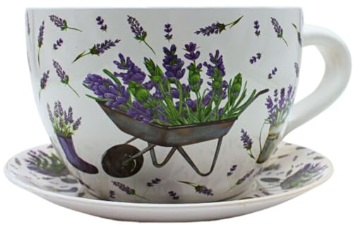 Dekohelden24 XXL Blumentopf, Pflanztasse, Pflanzkübel, Pflanzgefäß, Blumenkübel, Pflanztopf. Übertopf als Tasse mit Griff aus Keramik, Motiv: Lavendel, L/B/H 34 x 28 x16 cm.