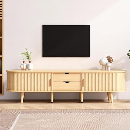 Jaxenor 170cm TV Schrank mit Stauraum, Runder Tischplatte TV Board für 70 Zoll Fernseher, Fernsehschrank für Schlaf- und Wohnzimmerschrank, Lowboard Wohnzimmer mit 2 Schubladen, Helles Walnussholz