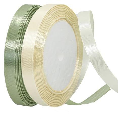 2 Rollen Satinband 10mm Breit, Geschenkband Beige und Eukalyptus Grün Schleifenband Stoff Satinbänder für Blumensträuße, Geschenkverpackung, Weihnachten, Hochzeit und DIY Kunsthandwerk