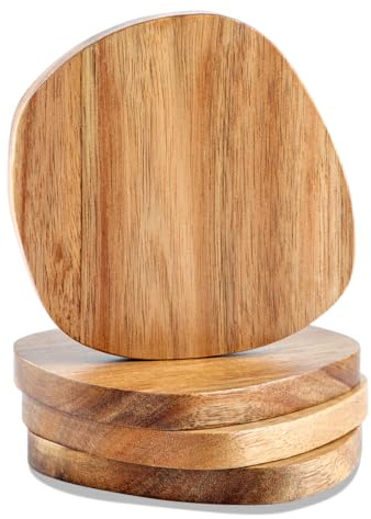 Acacia Wood Coasters Set of 4, 3.93 Inch Unique Shaped Non-Slip Drink Coasters Without Holder for Glasses, Coffee & Wine, Natural Wood Table Decor for Home, Office & Christmas