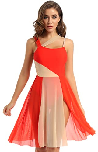 Loodgao Robe De Danse Lyrique pour Femmes sans Manches avec Superposition en Mesh Justaucorps De Ballet Costume Moderne Contemporain Orange S