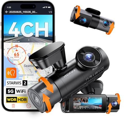 Vantrue N5S 4 Channel 360 Degree 2.7K Dash Cam, 4CH STARVIS 2 Night Vision, 2.7K+1080P*2+1440P Front Rear Inside Dashcam, 24/7 Buffered Parking Mode, WiFi, Voice Control, Dual GPS, Support 1TB Max