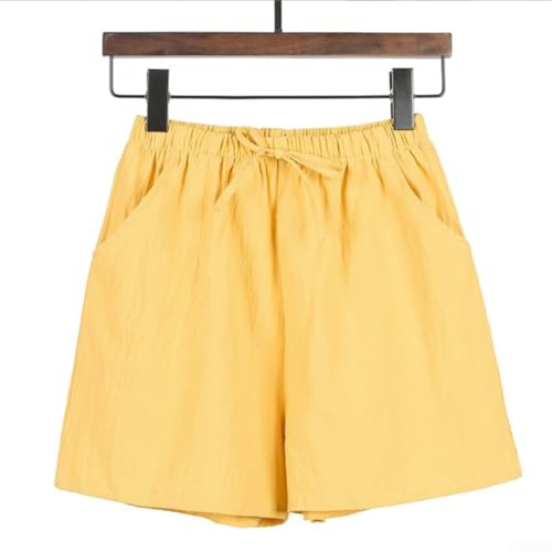 Lecreatekit Women Cotton Linen Casual Shorts for Gym and Daily Wear, High Waist Short Pants with Pockets (L Yellow)