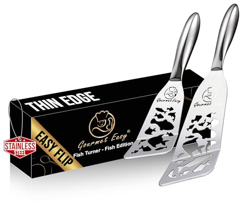 Stainless Steel Fish Spatula Set – Funky Fish Edition, 1 Large Fish Turner + 1 Small Metal Spatula, Ultra-Thin Edge for Easy Turning & Flipping, Ergonomic Non-Slip Handle, Dishwasher Safe