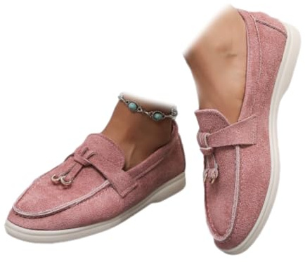 HESYSUAN Mocasines cómodos de piel de ante de caña baja para mujer, mocasines planos sin cordones con borla decorativa, mocasines ligeros para conducir