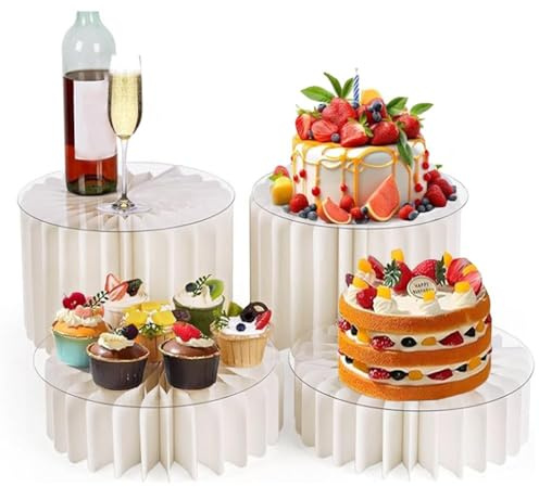Yiokii 4 alzate per buffet, alzate per alimenti per tavolo da buffet, espositori pieghevoli in acrilico e cartone, per tavolo da dessert, colonne alte per matrimoni, compleanni, decorazioni per feste
