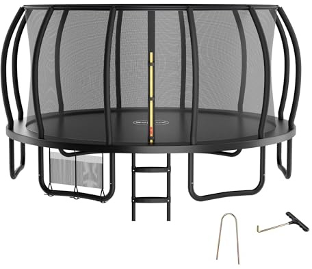 Zelsius Trampolín negro para exteriores, trampolín de jardín con red de seguridad, escalera y bolsa para zapatos, para deporte y ocio (427 cm)