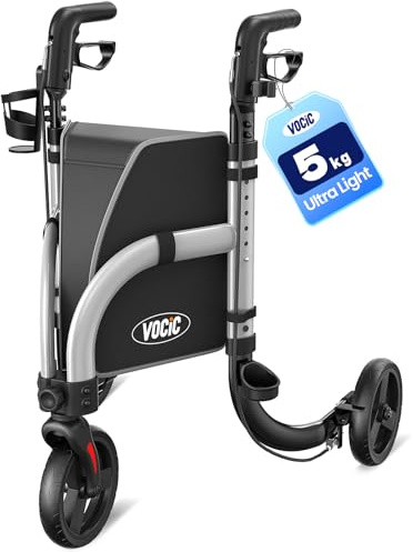 VOCIC Rollator Schmal für Wohnung 3 Rädern 4.9kg, Rollatoren Faltbar Leicht | Z25 Walker klappbar für Senioren mit 20cm-Reifen, Gehstockhalter & Getränkehalter, Dreiradrollator, MAX 136kg, Silber