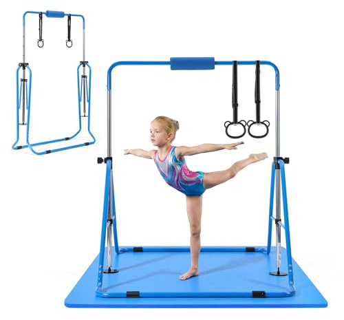 VEVOR Barre Fixe de Gymnastique pour Enfants, Barre de Gym pour Enfants avec Tapis Charge 63,5 kg, pour Entraînement Intérieur Extérieur, Équipement de Gymnastique Pliable Réglable en Hauteur