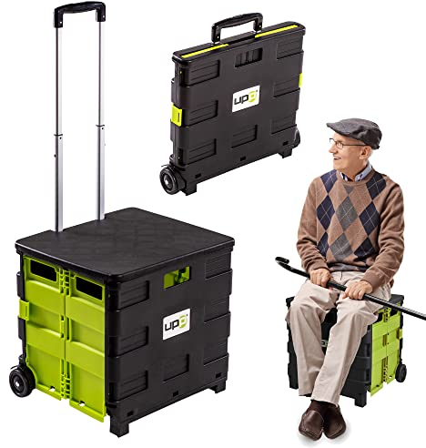 UPP Shopping Cart mit Deckel I Einkaufstrolley faltbar auf 8 cm Höhe I Handwagen mit großer 50 L Klappbox I Einkaufswagen mit integriertem Sitz und Teleskopgriff Schwarz