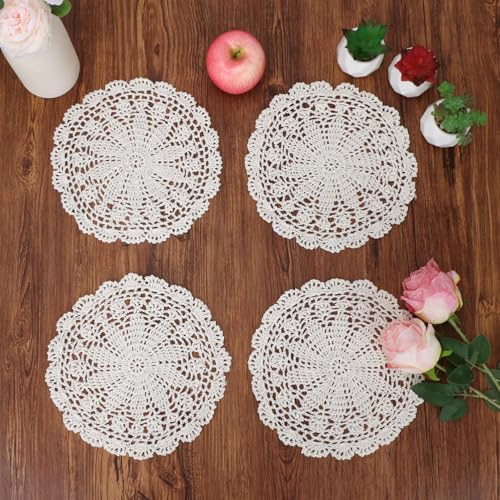 Kilofly Centrino in cotone lavorato a uncinetto, confezione da 4 pezzi, fantasia, Cotone, Beige, 10 inch beige