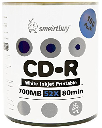 Smartbuy 100-disc 700mb/80min 52x CD-R White Inkjet Hub Printable Blank Recordable Media Disc