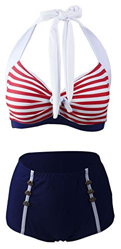 LA ORCHID high Waist Bikini Badeanzug bauchweg Damen Zweiteiler bademode Bikini Set Push up Strandmode Neckholder Beachwear Rot S