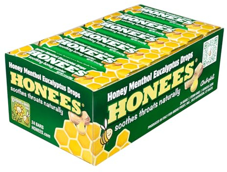 Honees Filled Menthol Cough Drops, Honey, Menthol & Eucalyptus Cough Drops- Natural Sore Throat Relief - Nothing Artificial -Throat Lozenges, Non-GMO (24 Pack –216 Drops)