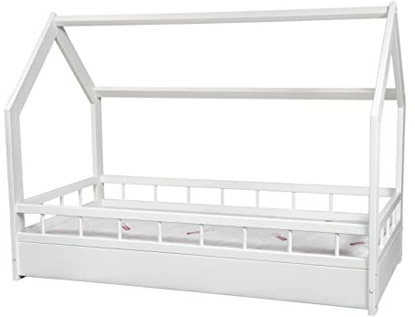 Kinderbett mit Matratze STANDARD Hausbett Einzelbett mit Rausfallschutz 160x80cm (Farbe: weiß)