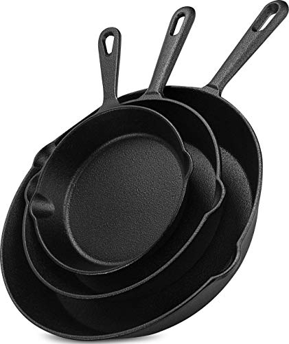 KICHLY Set of 3 Preseason Cast Iron Skillets, Cast Iron Induction Frying Pan Set with 6 Inch, 8 Inch and 10 Inch Sauté Fry Pans, Black