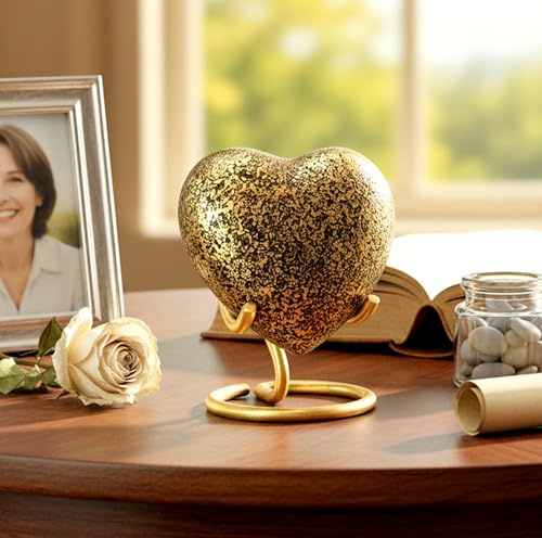 eSplanade Brass Mini Cremation Urn Heart-Shaped Keepsake Memorial Jar Pot Container | Small Urn for Funeral Ashes Burial | Textured Metal Keepsake with Stand | Golden - 2.75 Inches