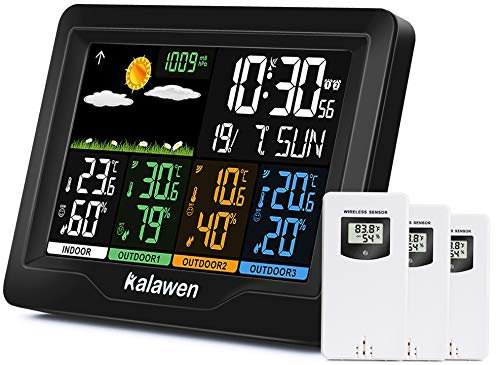Kalawen Weather Station with 3 Outdoor Sensors, MSF Wireless Digital Alarm Clock, Barometer, Temperature, Humidity Monitor, Weather Forecast for Home Garden