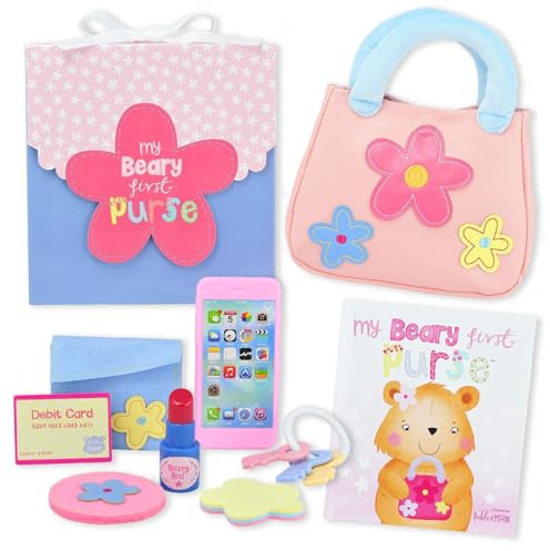 Tickle & Main My Beary First Purse Playset Baby Girl Purse - 9-Piece Faux Leather Pink Ages 1+ - Storybook & Accessories for Imaginative Play - Birthday Gift for One Year Old Girl