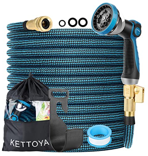 KETTOYA 100FT Expandable Garden Hose, Flexible Water Hose with 10-Pattern Spray Nozzle, Leak-Proof Retractable Heavy Duty Hose Pipe, 4-Layer Latex Core, Durable 3750D, Male Valve Connector, Kink-Free