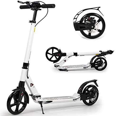 Adult Kick Scooter with Disc Handbrake, Foldable Adjustable Urban Scooter with Dual Suspension, 200mm Big Wheels for Kids Adults and Teens (White)