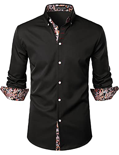 PARKLEES Chemises à manches longues pour homme, style hipster, design patchwork paisley, coupe ajustée, boutonnées sur toute la longueur, Noir , XXL