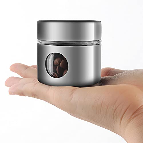 SIPLIV Mini tarro hermético de acero inoxidable y vidrio, ideal para granos de café y café, 40 ml, color plateado