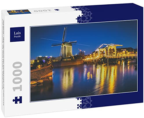 Lais Puzzle Stadtbild - Abendansicht des Stadtkanals mit Zugbrücke und Windmühle, die Stadt Leiden, Niederlande 1000 Teile