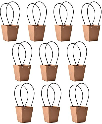STKMELON 10Pack Kraft Paper Flower Gift Bags Bouquet Bags Box Waterproof Brown Paper Carrier Bags with Handle Tote Bags for Thanksgiving Birthday Wedding Party Favors (T2-10Pack)