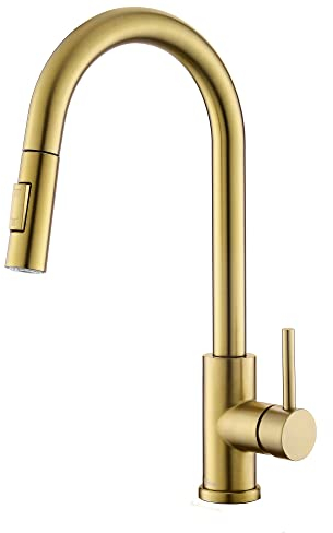 Tohlar Robinet de cuisine doré brossé avec douchette extensible, mitigeur haute pression pour cuisine, moderne en acier inoxydable